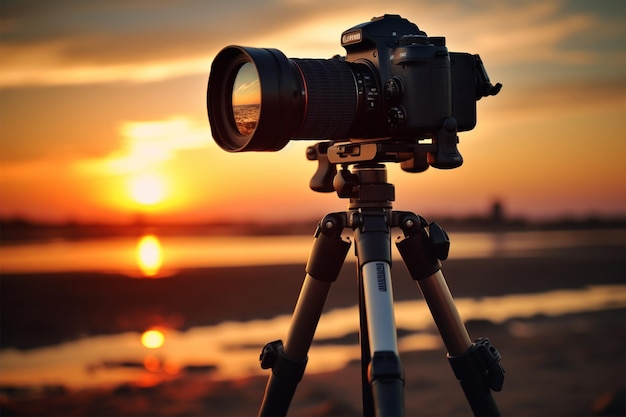 camera is shown on a tripod with the sun setting behind it