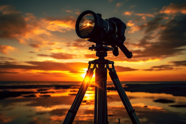 Camera is shown on a tripod with the sun setting behind it