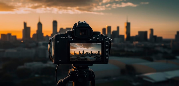 A camera is shown with a city in the background.