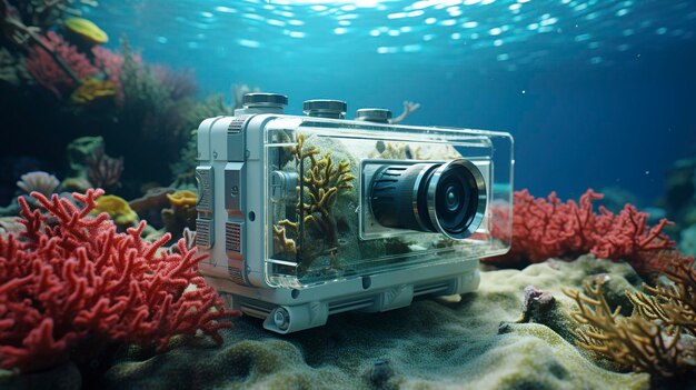 Photo a camera is sitting on a coral reef with a camera in it