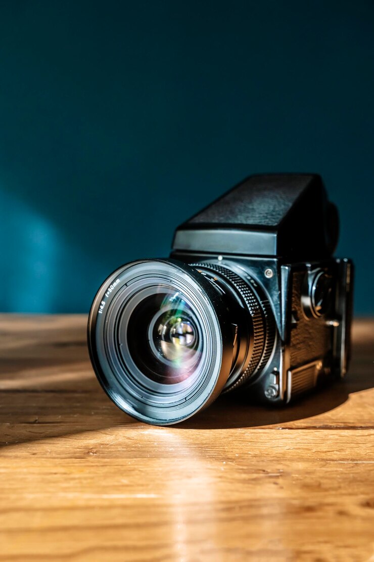 Camera is on the table medium format analog film camera on a blank background retro vintage