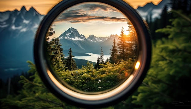 Photo a camera lens becomes a portal allowing viewers to glimpse landscapes and picturesque scene