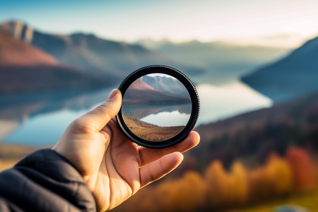 Camera lens in hand on the background of the mountains Travel concept