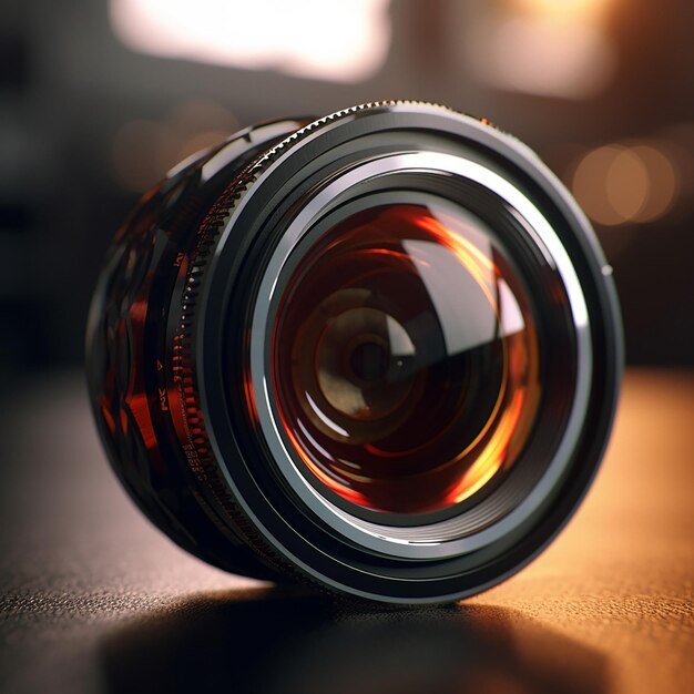 A camera lens is sitting on a table with the lens on it.