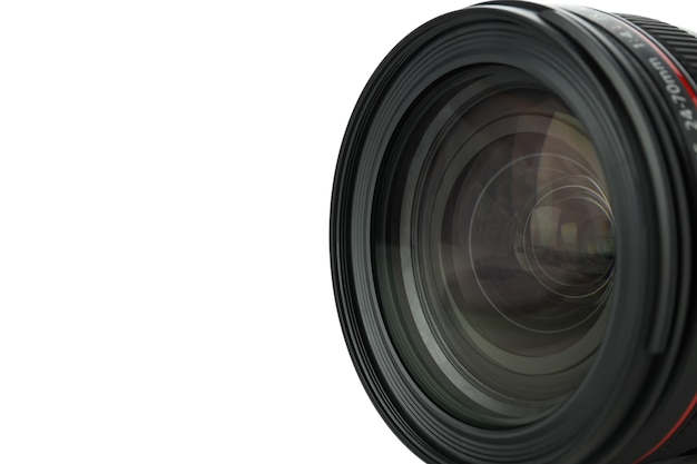 Camera lens isolated on white background, close up