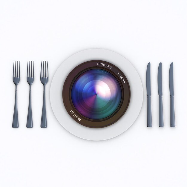 Camera lens on a plate with fork and knife