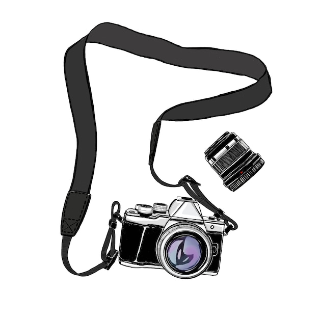 Photo camera and lens on white