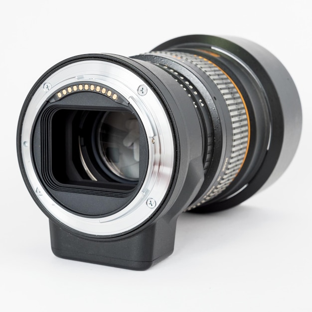 camera lens with adapter and black hood