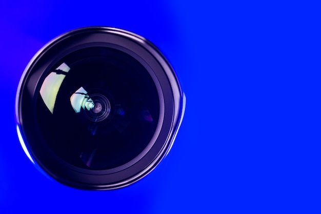 The camera lens with blue backlight. Optics.