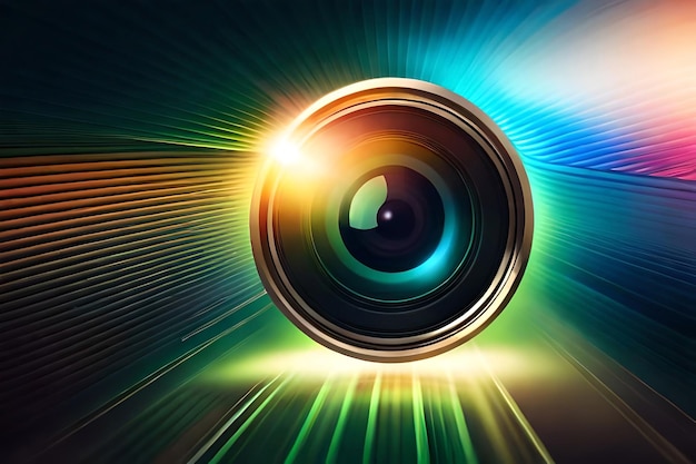 A camera lens with a colorful lens and a colorful lens flare.