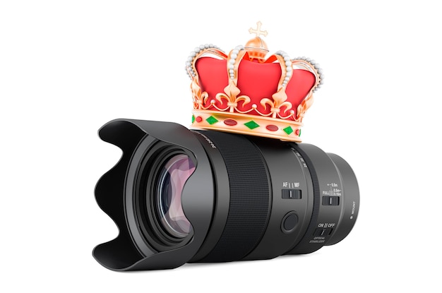 Camera lens with golden crown 3D rendering
