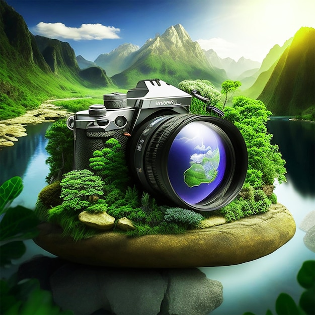 Photo camera lens and world globe wallpaper