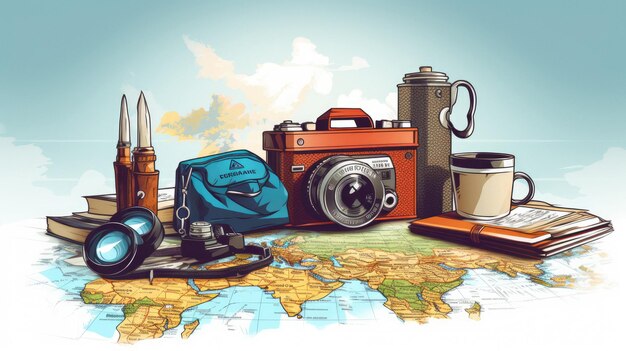 a camera and a map of the world.