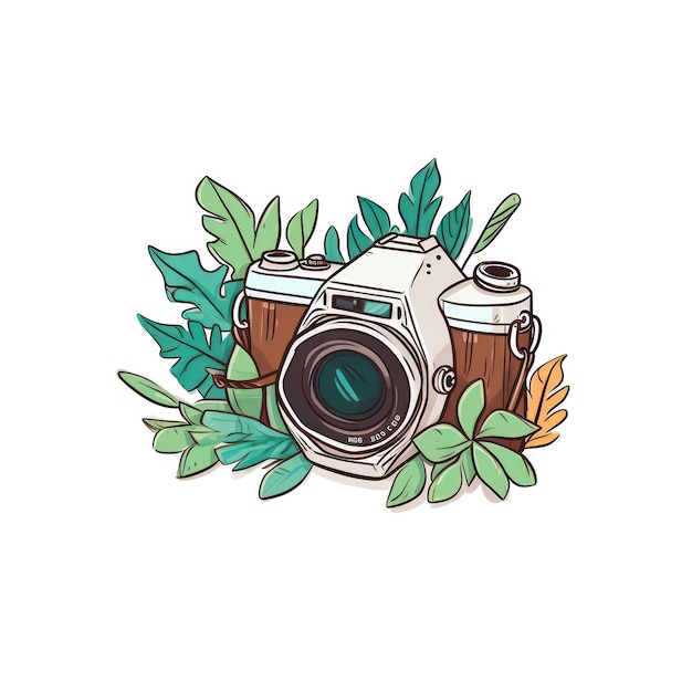 camera met takken en groene bladeren verweven in de cartoonstijl van de camera