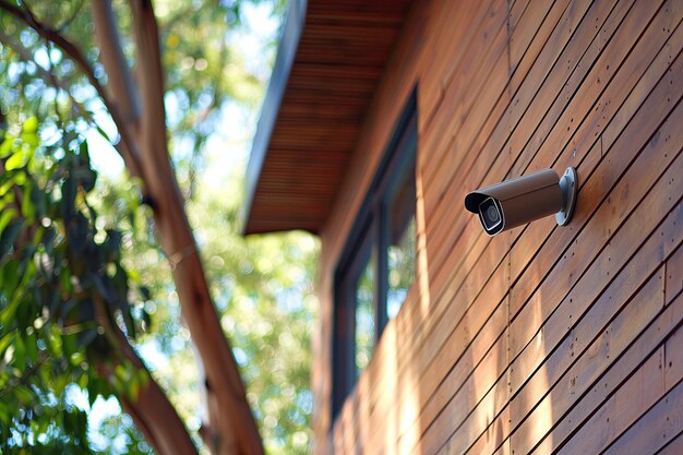 a camera mounted to a house with a wooden wall and a window that is open to the outside