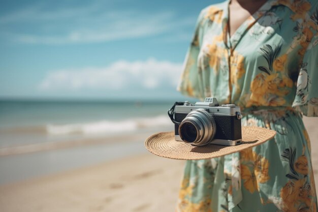 Photo camera near stylish beachwear