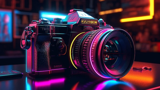 Camera neon lights aesthetic gallery symbol photography illustration picture AI generated art