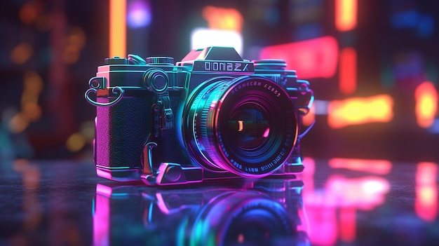 Camera neon lights aesthetic gallery symbol photography illustration picture AI generated art