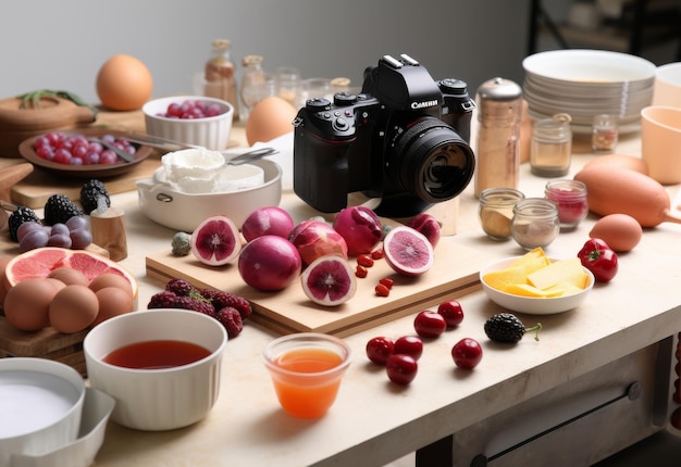 Camera op tafel omringd door eten.