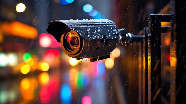 A camera on a pole in the rain