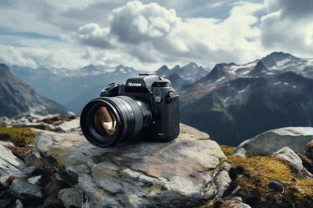 Camera positioned on a rocky mountain against a backdrop of cloudy skies