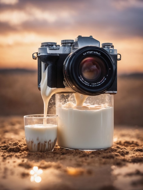 Foto una telecamera che versa il latte in una tazza di tè