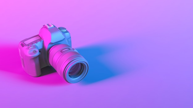 Photo camera in purple neon lighting close up, 3d illustration