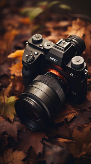 Photo camera resting on leafcovered ground