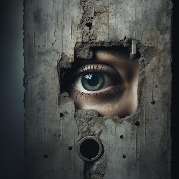A camera reveals the eyes of a person through an open keyhole against a smoky background