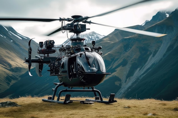 Camera Rig Mounted On Helicopter Flying Over Mountain Range Generative AI