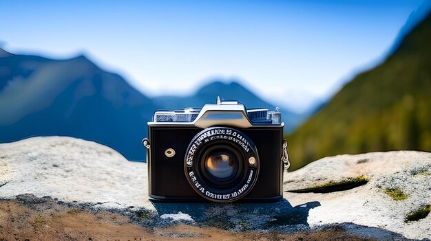 A camera on a rock with a mountain in the background.