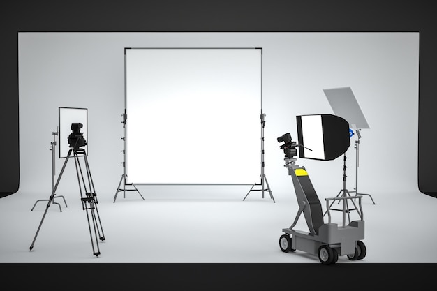 A camera set up in a studio with a white board behind it.