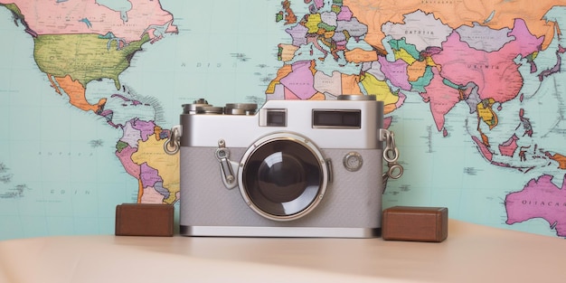 A camera sits in front of a map of the world.