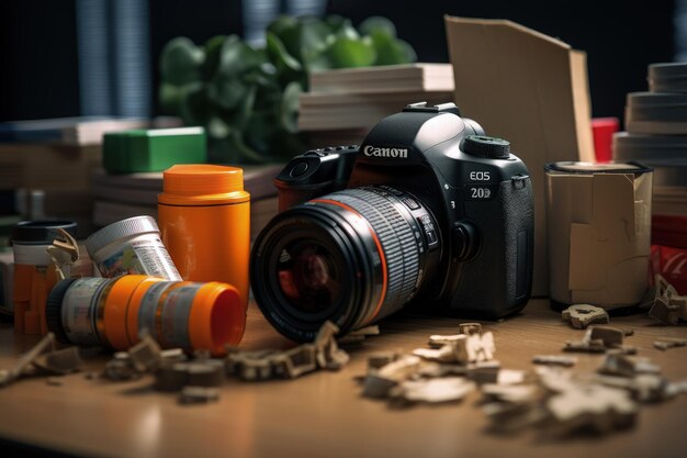 Photo a camera sitting on top of a wooden table