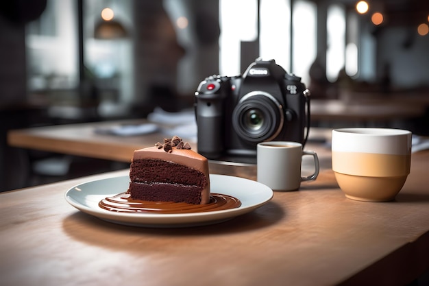 A camera and a slice of chocolate cake on a table with a camera behind it.