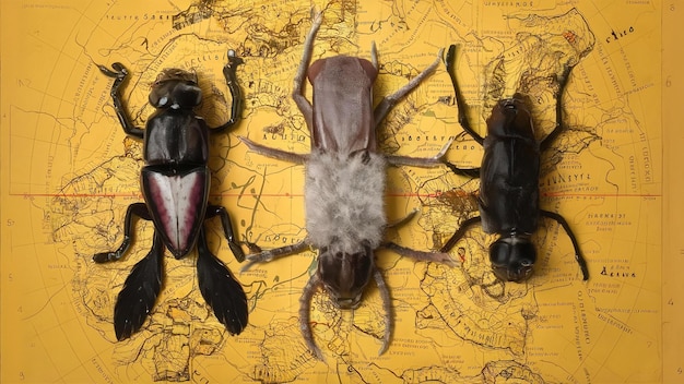 Camera species lie on old yellow map