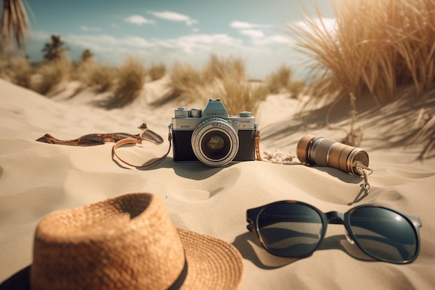 A camera and sunglasses are on the sand in the desert.