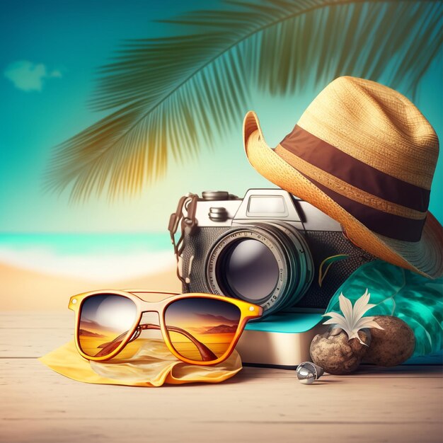 A camera and sunglasses are on a table with a beach scene.