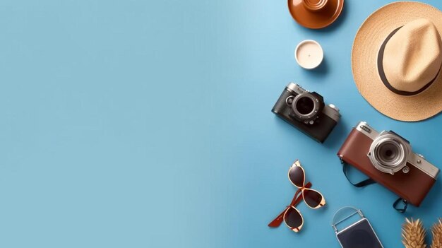 A camera and sunglasses on a blue table