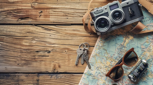 Camera sunglasses keys and map on a hardwood table aig