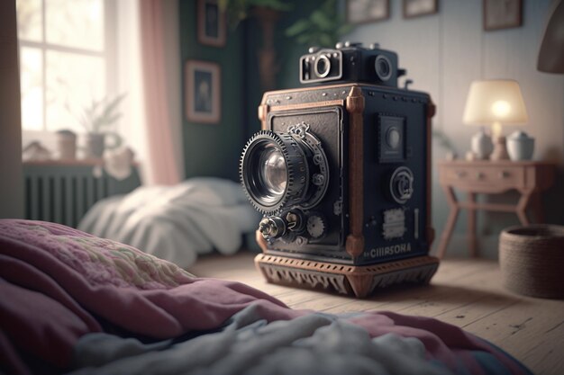 A camera on a table in a bedroom