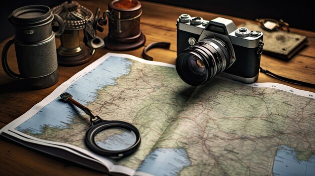 Camera on a table over a map and magnifying glass