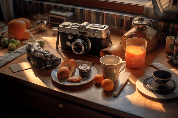 A camera on a table with a camera on it