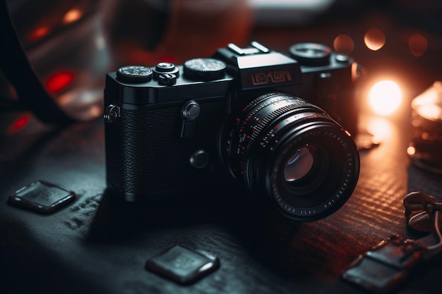 A camera on a table with a candle in the background