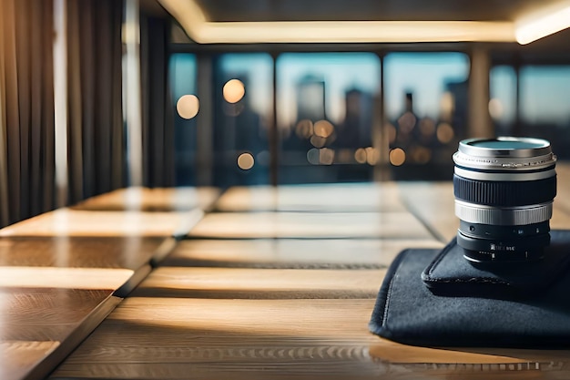A camera on a table with a city in the background