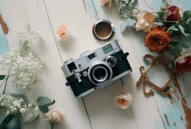 A camera on a table with flowers and a cup of coffee