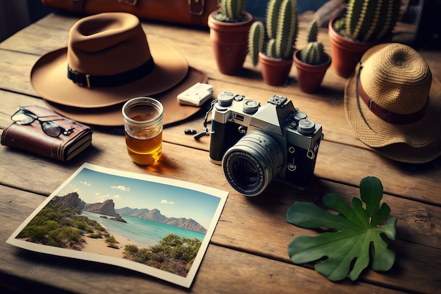 A camera on a table with a hat and a camera on it