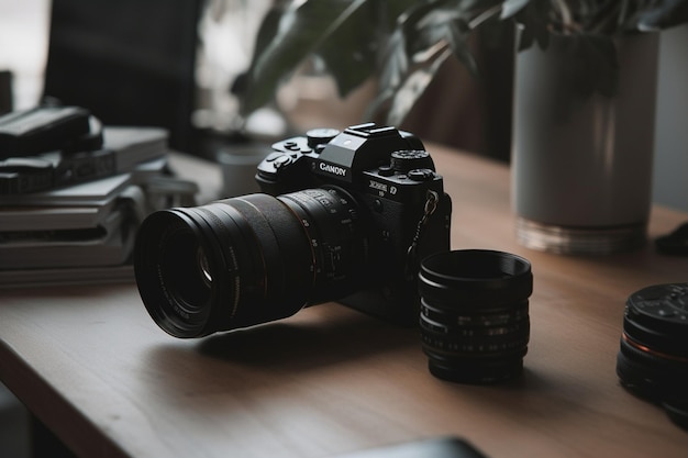 A camera on a table with a phone and a camera lens.