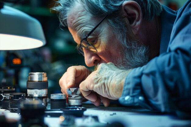 A camera technician repairing a camera lens highlighting camera repair expertise