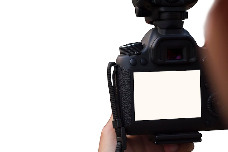 Foto camera tegen witte achtergrond